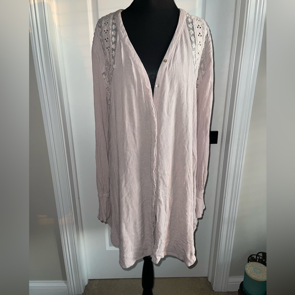 Free People Light Pink Lace Trim Tunic Dress Blouse Size Small Boho Long Sleeve